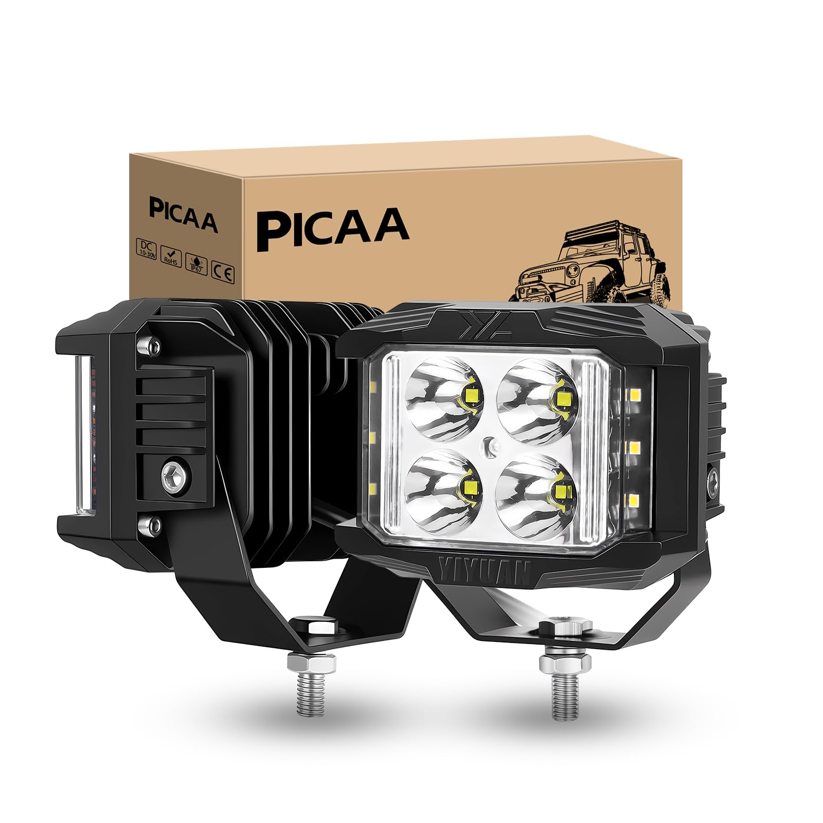 PICAA LED Work Light, 2PCS 4 Inch 35W 3500 Lumens LED Cube Work Lamp with Side Shooter, Offroad Driving Lamp Spot Flood Fog Light for 12V 24V 4WD Truck 4x4,6000K White
