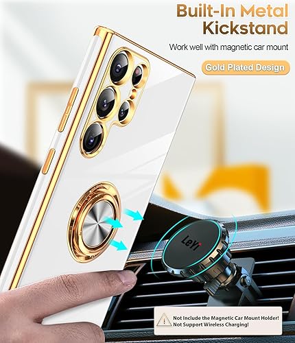 Miniatura 5 de LeYi Funda para Samsung Galaxy S22 Ultra con soporte de anillo giratorio de 360, soporte magnético, chapado en oro rosa, borde protector Galaxy S22