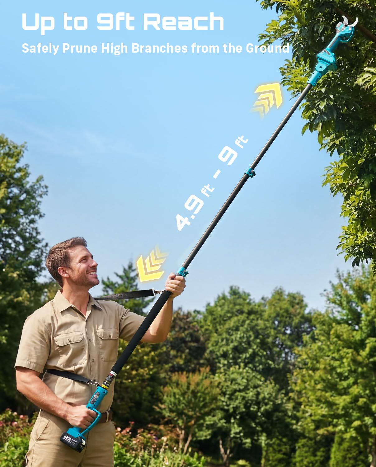 SEESII Forbici Potatura a Batteria 55mm, Asta Telescopica, 2x4.0Ah Batterie | 2 Batterie 4000mAh, Motore Brushless, Lama SK5, Luce LED, Design 2 in 1 per potatura alta e bassa, ideale per alberi e siepi