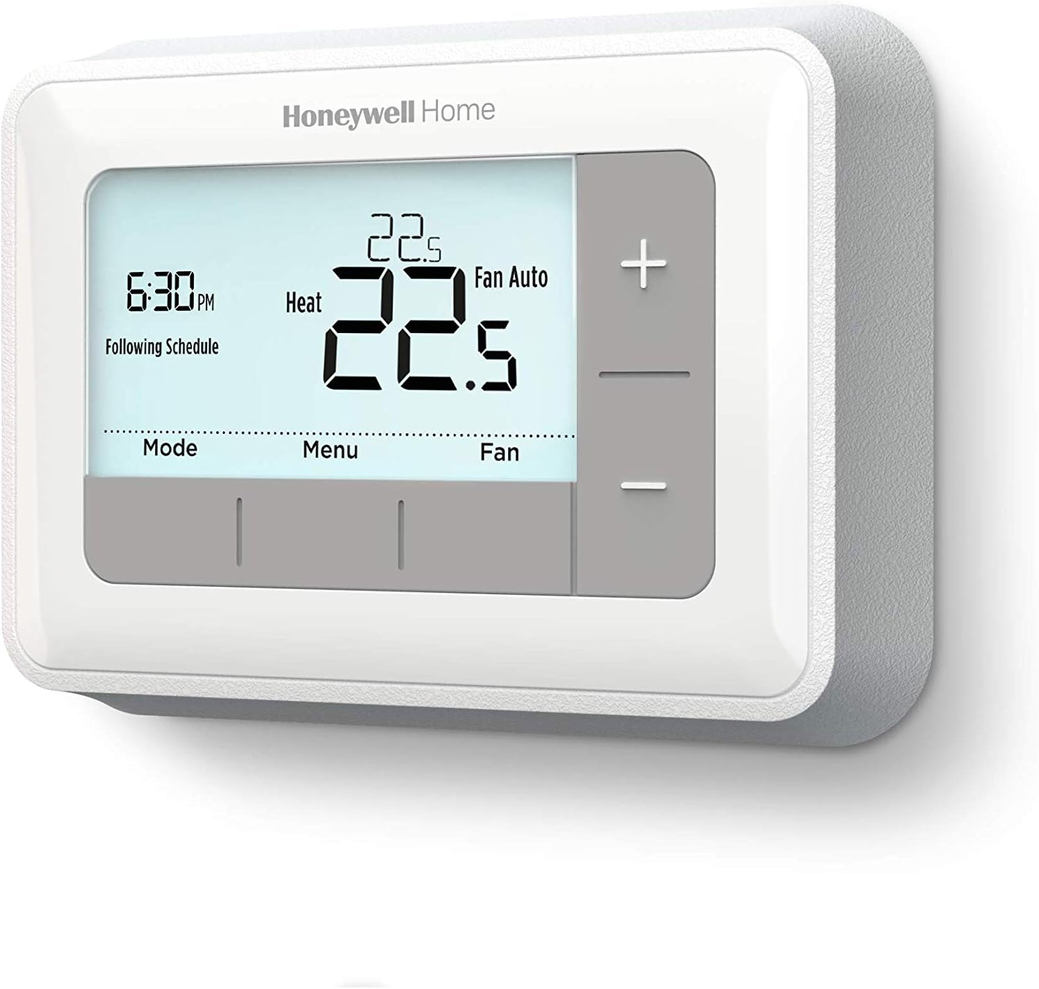 Side view of the Honeywell Home RTH7460D1018/E thermostat mounted on a wall