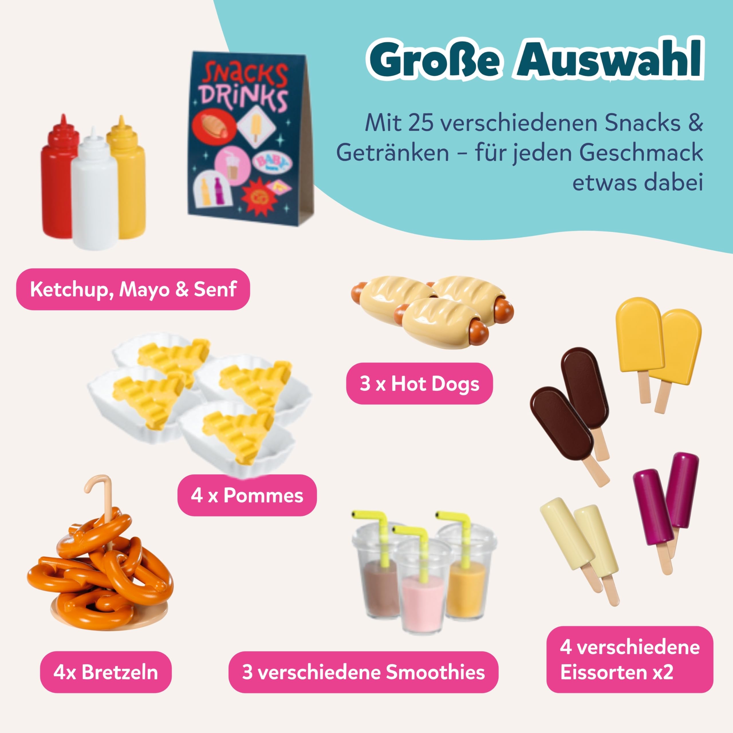 BABY Born Snack Shop - Essensstand für Puppen mit Soundeffekten - 25 Verschiedene Fastfood-Snacks - Hochwertiges Puppenzubehör- Geeignet für Kinder ab 3 Jahren