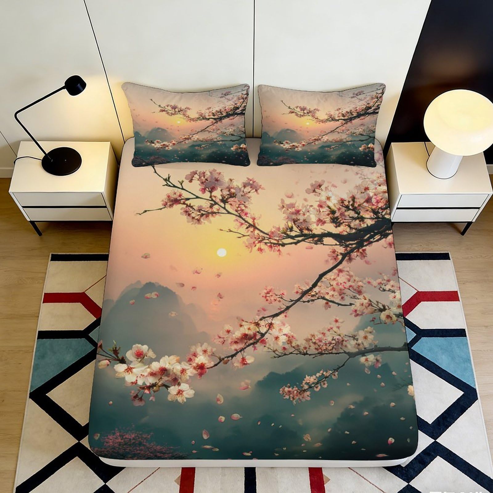 Jqzkxnhpbr Style-7 3D Printed Sunset Blossom Fitted Sheet Microfiber Anti-Slip Cherry Tree Mattress Cover For Bedroom Guest Room Decor 90X200x25cm