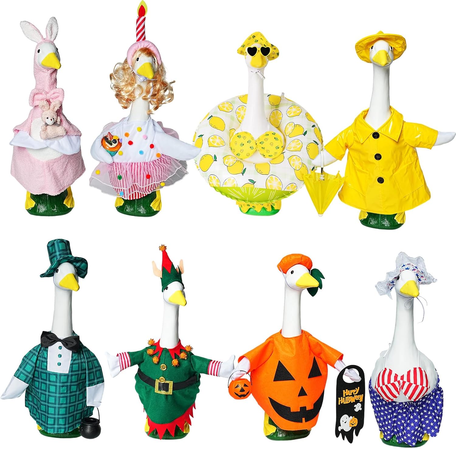 8 Set Holiday Porch Goose Outfits All Seasons Holiday Bundle St. Patrick Easter Summer Hawaiian 4th of July Halloween Christmas Birthday Raincoat Concrete Porch Goose Clothes for Patio Yard Lawn Decor