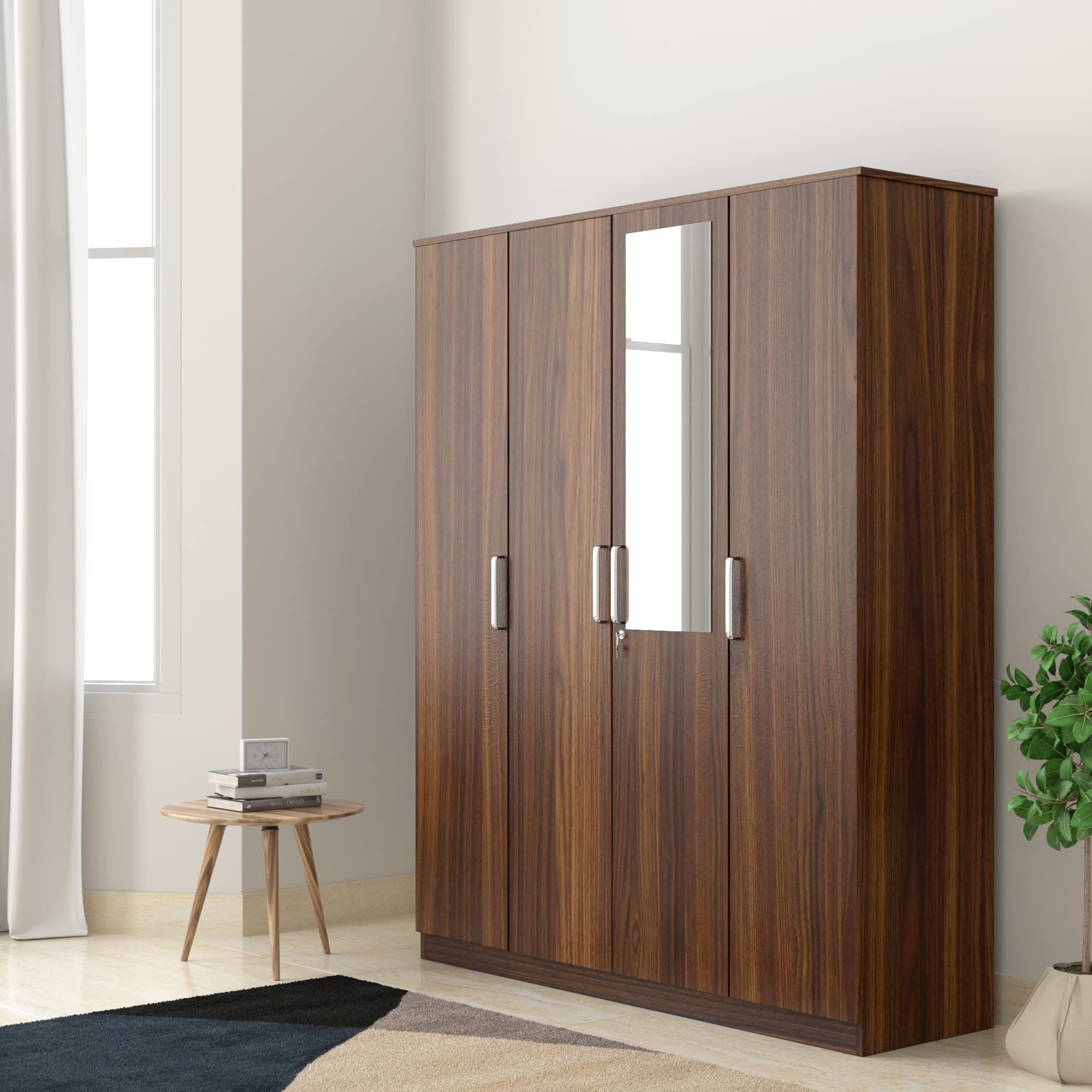 Amazon Brand - Solimo Grants Engineered Wood 4 Door Wardrobe with 1 Drawer and Mirror (Walnut Finish)