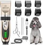 Oneisall Clippers de chien faible bruit, 2-Speed Kit de grooming pour chiens Rechargeable sans fil Clipper pour animaux de compagnie Trimmer Shaver pour petits et grands chiens Chats animaux (Or)