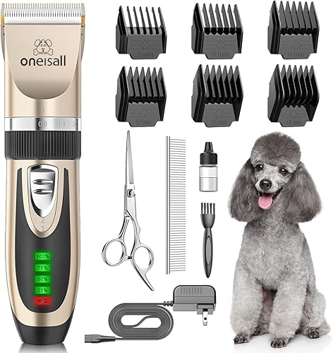 Miniatura 9 de Oneisall Cortapelos para perros de bajo ruido, kit de aseo silencioso de 2 velocidades, recargable, inalámbrico, recortadora de pelo para mascotas,