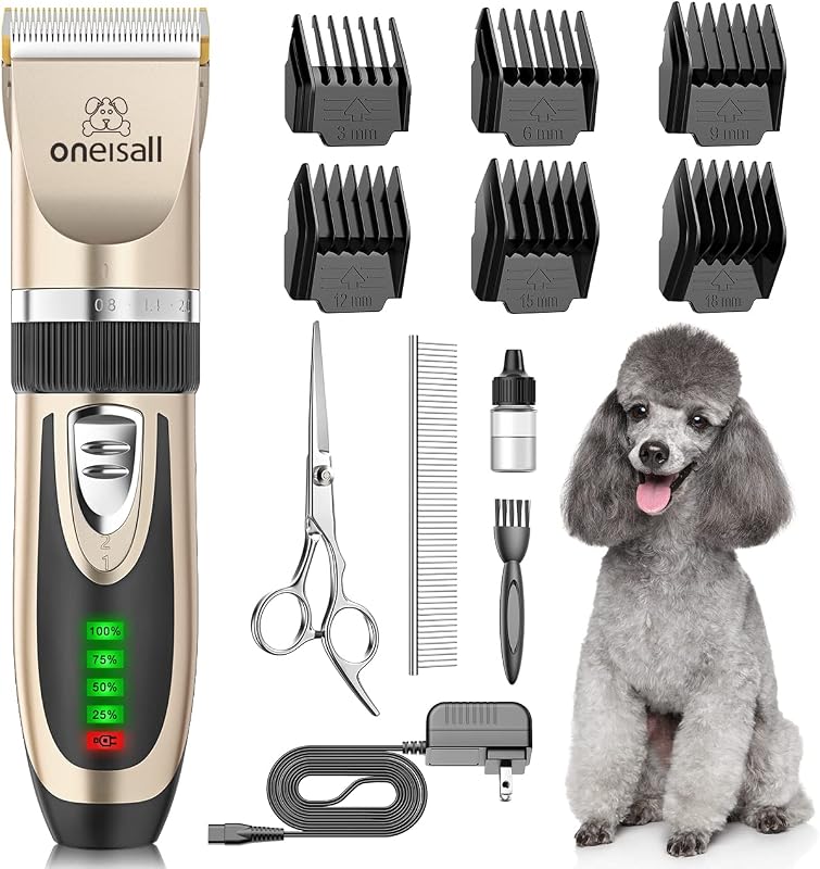 oneisall Dog Grooming Clippers with LED Display for Dogs & Cats | Low Noise Quiet,2-Speed,Cordless Rechargeable,Fast Charge,Detachable,Waterproof,Battery Level Display, Model X2,Gold