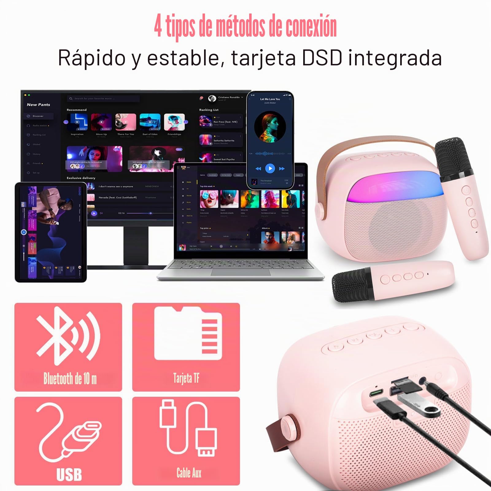 Karaoke 2 Micrófonos Inalambricos Juguetes Niña, Karaoke Infantil Microfono Altavoz Bluetooth para Adultos con LED, Adecuado para Regalos, Fiestas, Cumpleaños