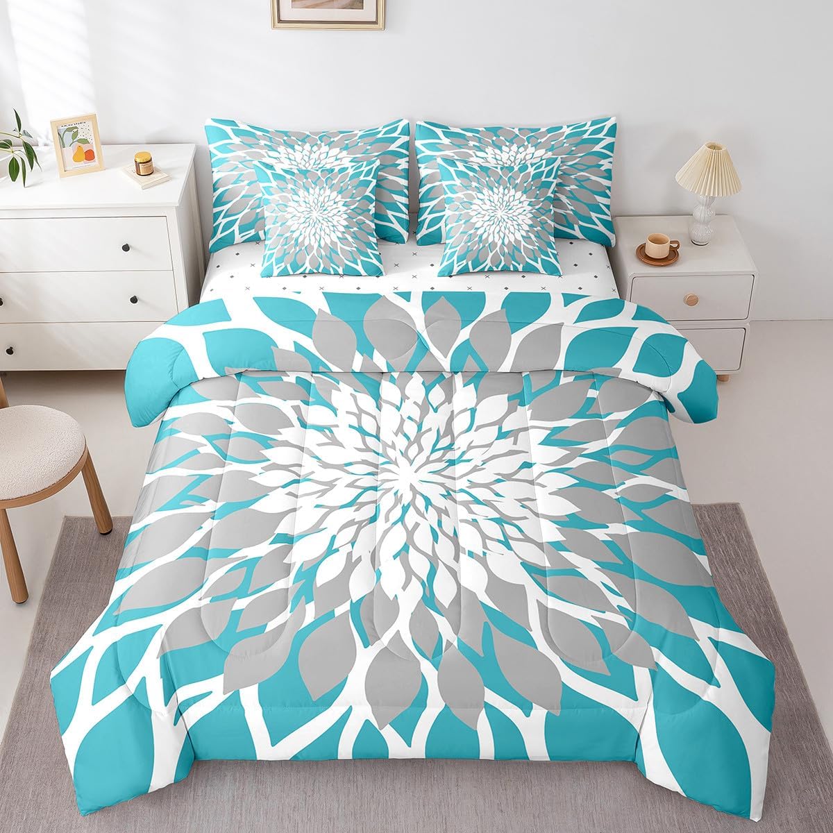 Feelyou Grey Teal Flower Comforter Queen 7 Pcs Bohemian Style Exotic Floral Decorative Bedding Set Modern Striped Art Luxury Geometric Bed in a Bag with Comforter, Sheets, Pillowcases & Cushion Cover