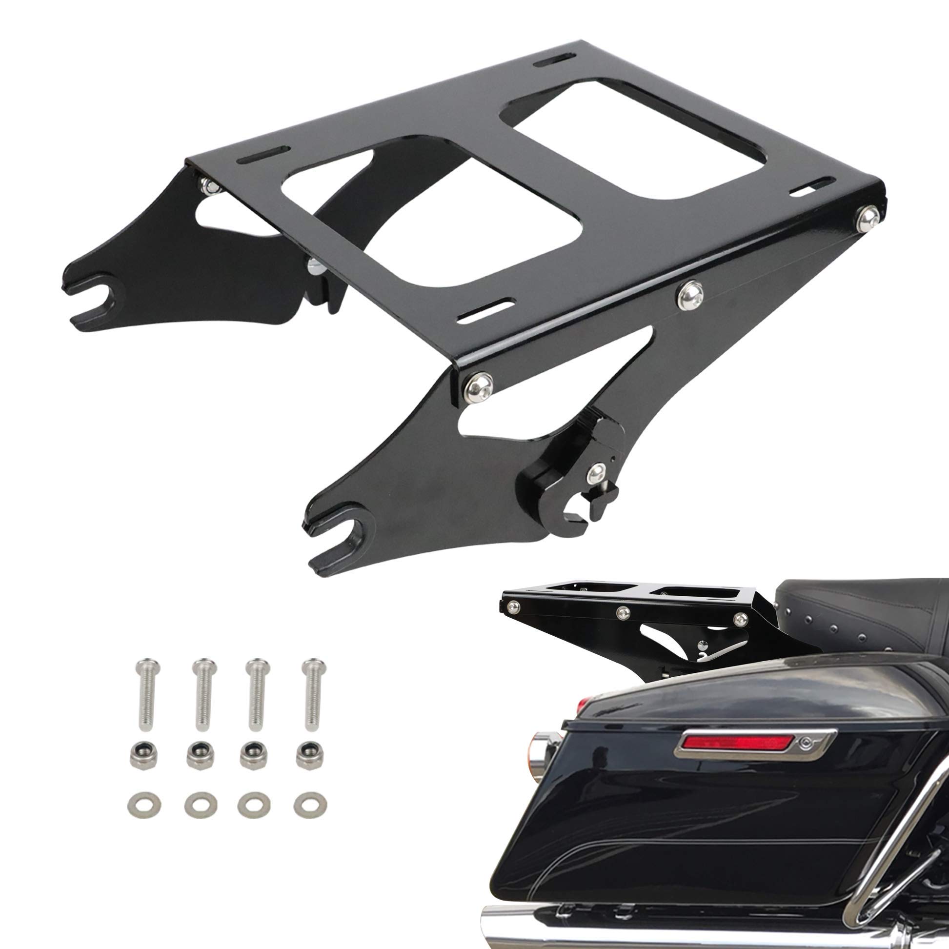 AUFER Detachable Black Two Up Mounting Bracket Rack Luggage Rack Compatible with for Touring Road King Street Glide Road Glide Electra Glide Tour Pack Pak 2014-2023