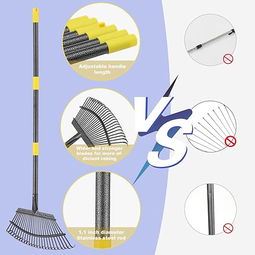 Miniatura 5 de HOSKO Rastrillo de hojas de 79 pulgadas, rastrillos de jardín de 25 dientes con mango seccional ajustable para una limpieza rápida de césped,