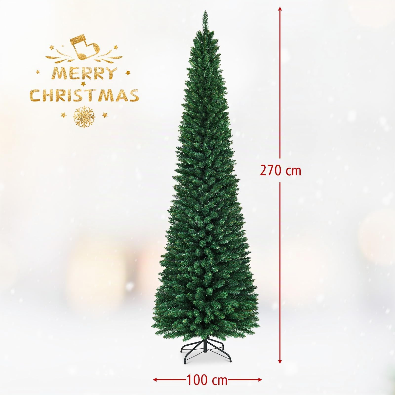 GYMAX Árbol de Navidad Slim 150/180/210/240/270 cm, Estrecho y Alto, con 220/400/700/1000/1500 Ramas de PVC ignífugo, Árbol Artificial con Soporte de Metal, para el Hogar, Tienda, Oficina (270cm)