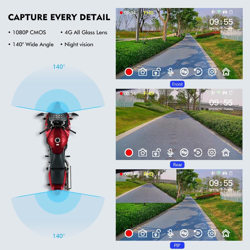 VSYSTO Motorcycle Dash Cam Front & Rear 1080P Cameras with 5.0" Wirelss CarPlay/Android Auto Waterproof Touch Screen, Supports GPS Navigation and Wi-Fi App