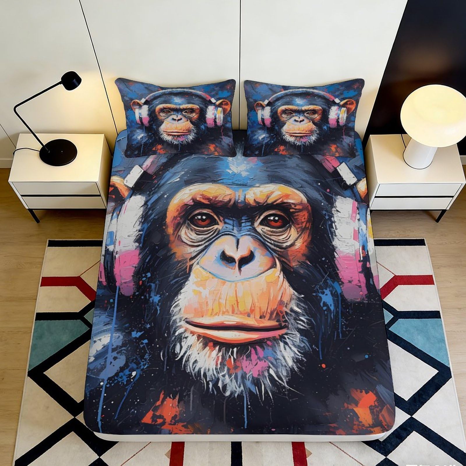 Pnayamiorkfel Style-7 3D Printed Headphone Chimp Fitted Sheet Microfiber Non-Slip Mattress Cover Splash Art Pattern For Bedroom Guest Room Dorm Decor 90X200x25cm