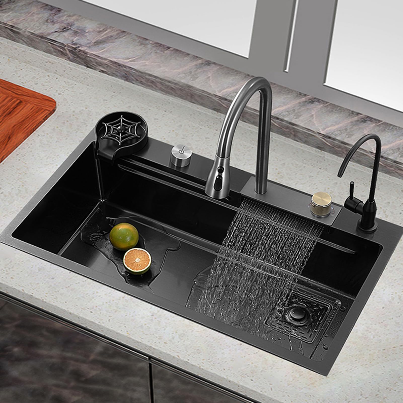 Lavello da Cucina,lavello Cucina a Cascata,Vasca Singola,in Acciaio Inox,Multifunzione,da Incasso/sottotop,lavabo Nero con Accessori Estraibili,Posto di Lavoro (60 * 45cm)