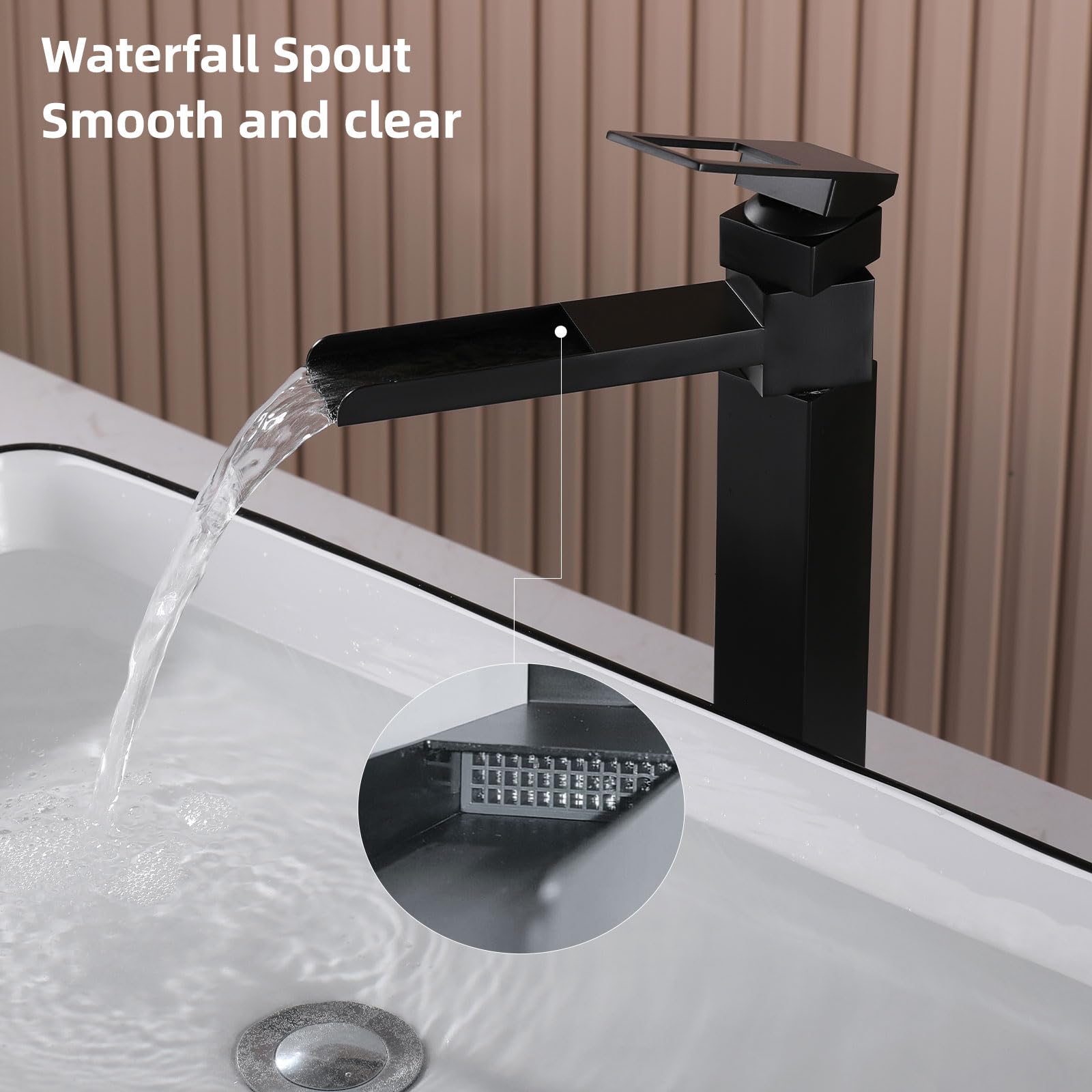 Rubinetto Bagno Lavabo Alto, Rubinetto per Lavabo Girevole a 360°, Miscelatore Monocomando Lavabo Cascata, Fredda e Calda Regolabile, Nero, 6M3OK-T