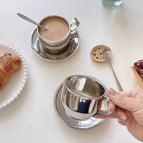 Miniatura 4 de Juego de tazas de café de acero inoxidable, tazas de café de doble pared de 6.1 fl oz con platillo y cuchara, tazas aisladas para café, capuchino,