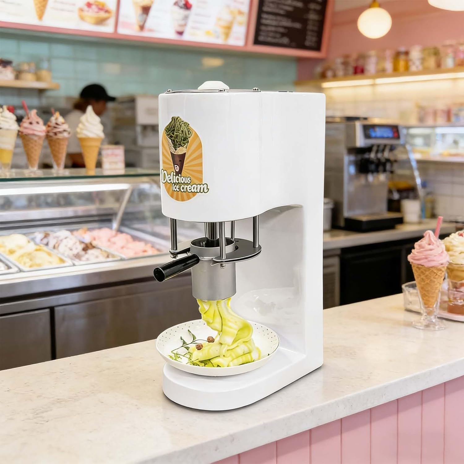 Professional Ice Cream Noodle Extruder, Spaghetti Ice Cream Maker, Gelato Machine, 4 Shape Molds, 28-30L/H Output, 6-8s/ cup, One-Touch Operation for Dessert Shops, Bars, and Restaurants(White)