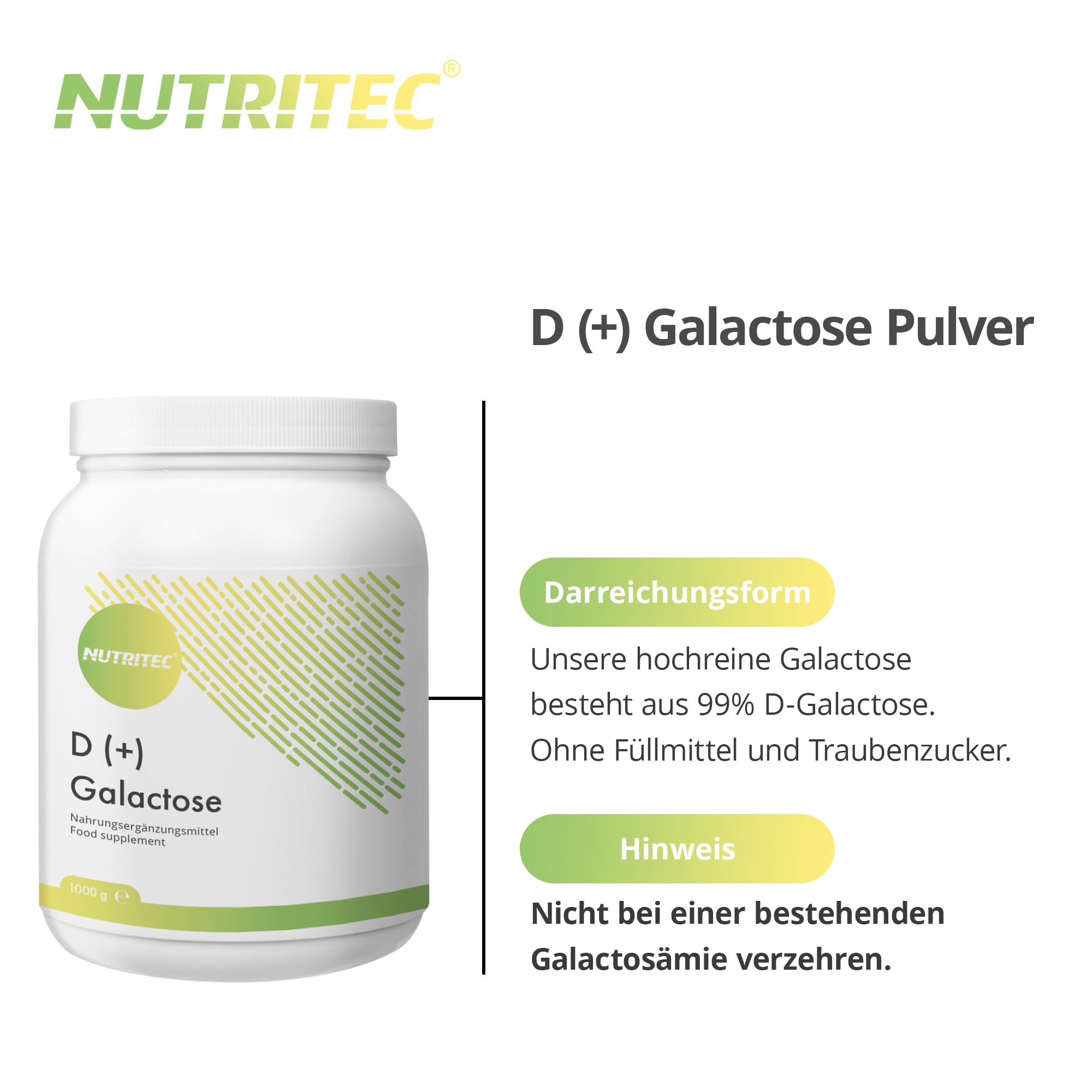 D+ Galactose Pulver 1000 g - Deutsche Qualität, hochrein > 99% ohne Zusätze & Gentechnik, vegetarisch, mit Messlöffel - Schleimzucker, Einfachzucker | Nutritec