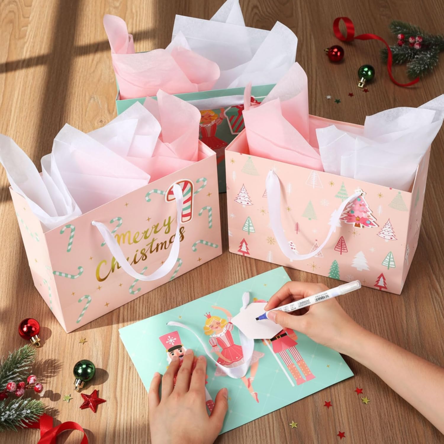 AmazingSpark 16 Pcs Christmas Gift Bags with Tissue Paper and Handle Neutral Nutcracker Christmas Holiday Paper Gift Bags with Tag for Party Favor Wrap Present Giving 4 Style, 10 x 8 x 4 Inch(Classic)