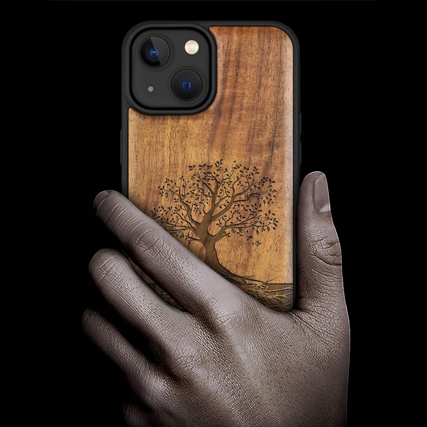 Carveit Magnetic Wooden Case for iPhone 15 Case, Compatible with MagSafe Wireless Chargers, Black Soft TPU Shockproof Cover & Wood Artisan Engraved (Tree with Roots) - Walnut