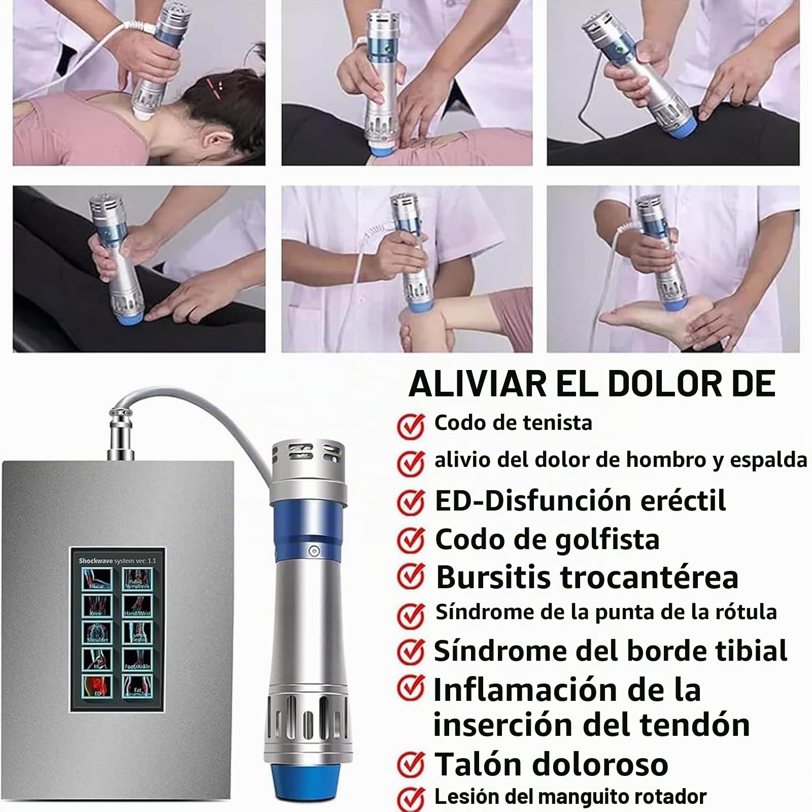 Máquina De Terapia De Ondas De Choque con 7 Cabezales De Masaje, Frecuencia Ajustable De 1 a 16 Hz Y Energía De 60 a 200 MJ, No Invasiva, para Aliviar El Dolor Articular Y Muscular