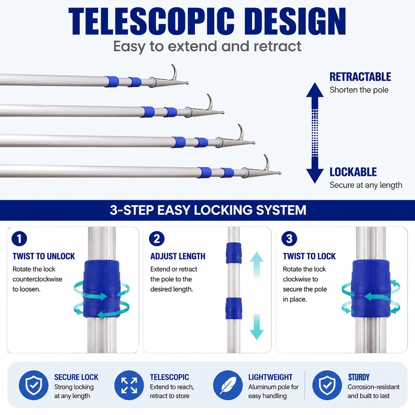 Mezzo Marinaio per Barca Gancio Telescopico per Barca per Operazioni di Recupero, Impermeabile, Asta Nautica Estensibile per L'attracco, Mezzi Marinari(200cm/79.2in)