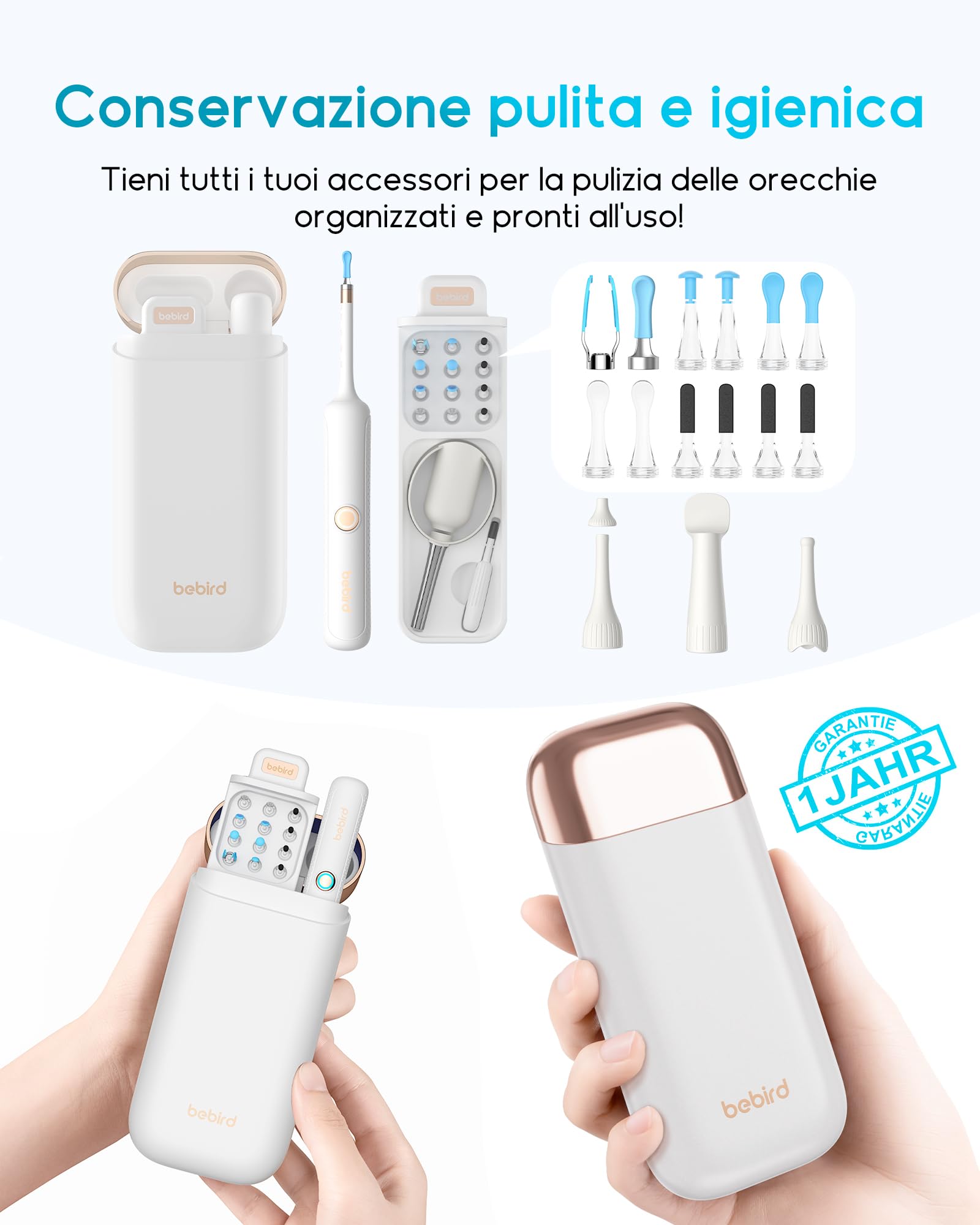 Bebird Otoscopio Digitale, 1920P HD Flessibile Pulisci Orecchie con Telecamera, Kit Rimozione Cerumeper Orecchie/Naso/Gola, Pulizia Orecchie con Pinzette,Punte Sostituibili per Adulti Bambini