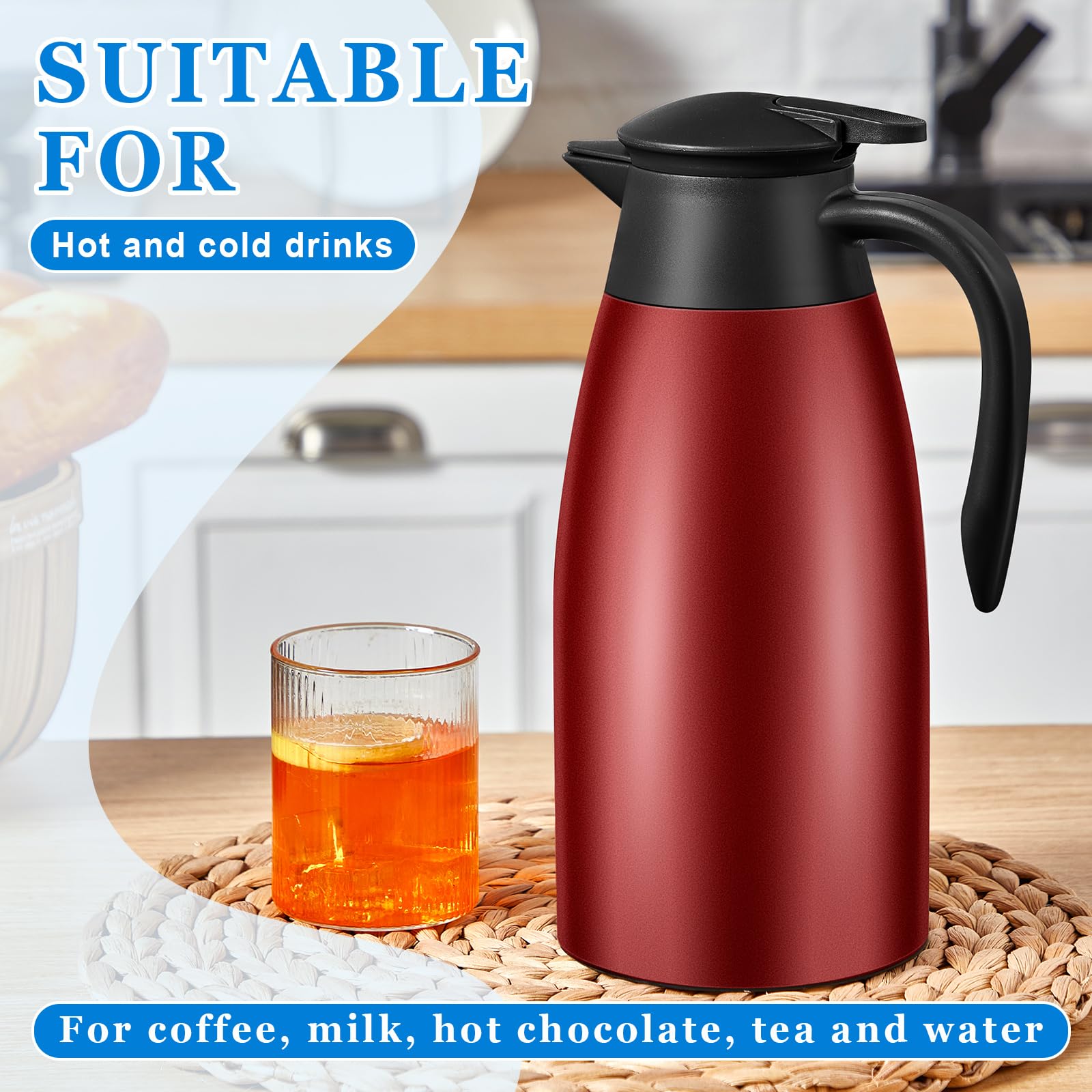 Uiifan 2 jarras térmicas de café de 68 onzas con aislamiento de acero inoxidable, jarra de café térmica de doble pared, jarra de café con cepillos para mantener el café y el té durante 12 horas (rojo