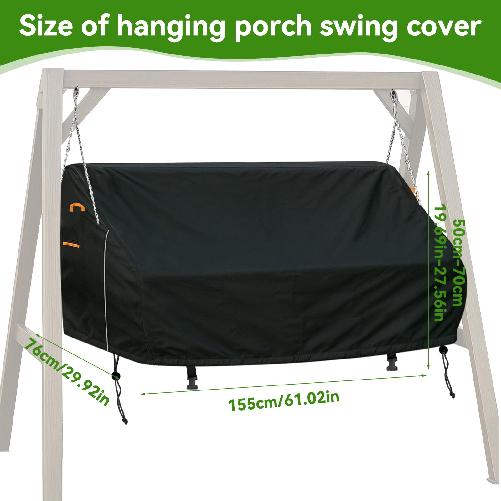 Housse de balancelle de porche, très résistante 600D, imperméable, coupe-vent, anti-UV, protection avec fermeture éclair, noire (155 x 76 x 50-70 cm)