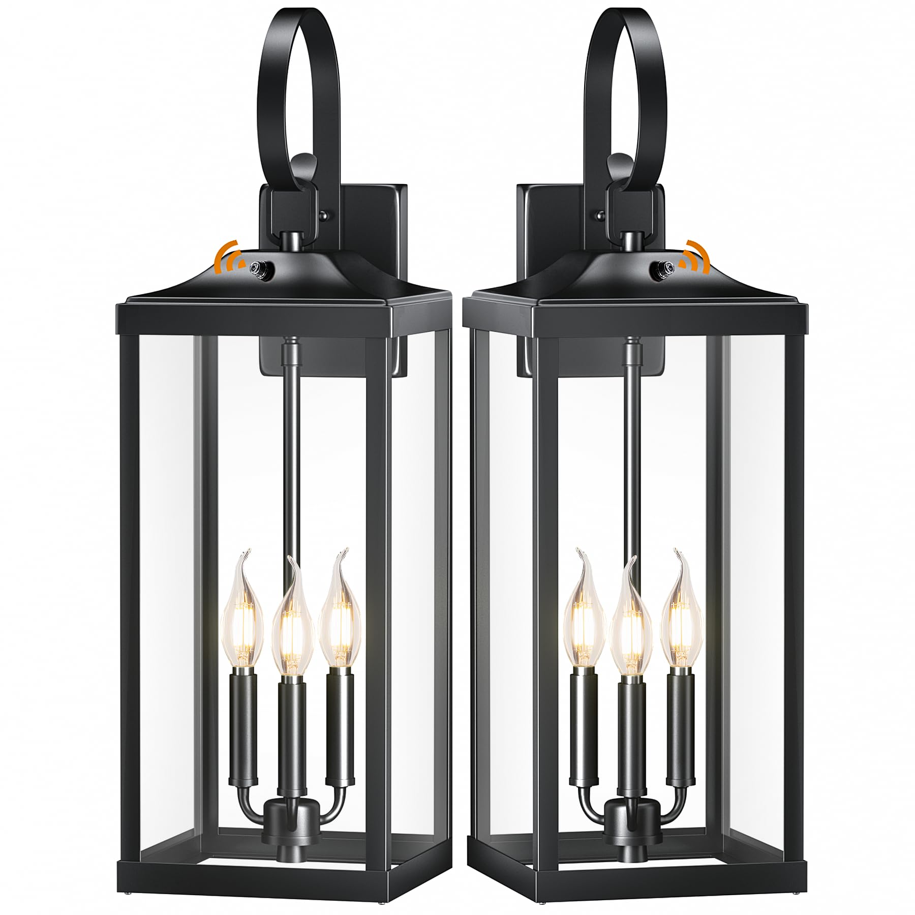 2 Packs 24" Extra Large Dusk to Dawn Light Fixture 3-Light, Black Outdoor Porch Lantern Wall Mounted, Waterproof Modern Outside Wall Sconce Coach Lamp for House, E12