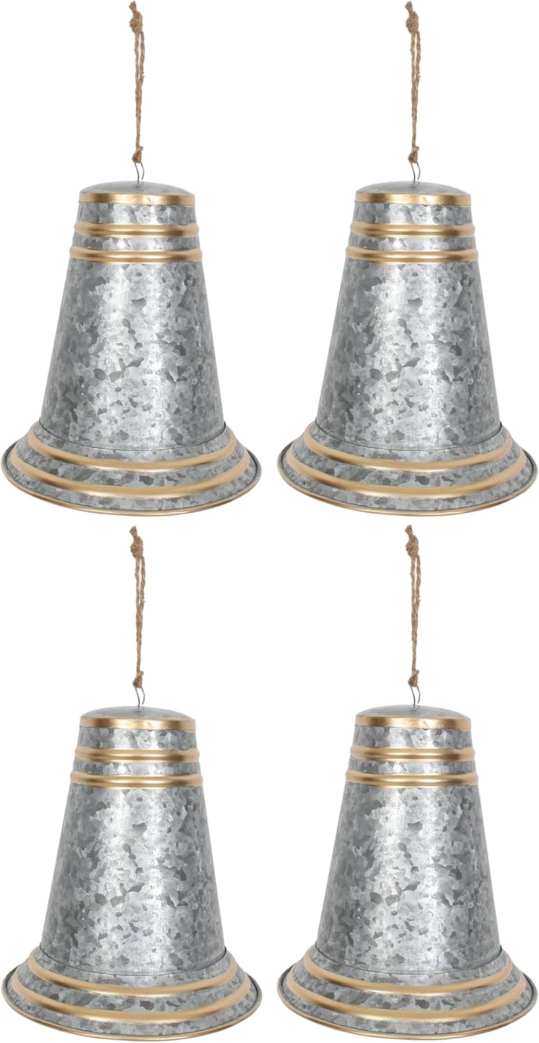 Set of 4 Pieces Christmas Ornaments, Bells, Farmhouse Decor 6 Inch Height x 4.75 Inch Width Galvanized