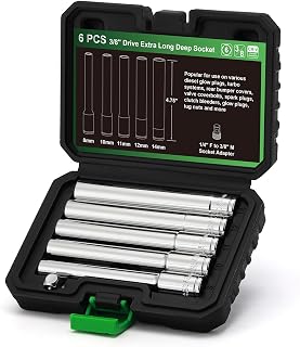 TecoTek 6PCS 3/8-Inch Drive Extra Deep Metric Socket Set, 6 Point, 8mm, 10mm, 11mm, 12mm, 14mm, 1/4" F to 3/8" M Socket Adapter, 120MM Deep CR-V Socket for Automotive and Industrial Applications
