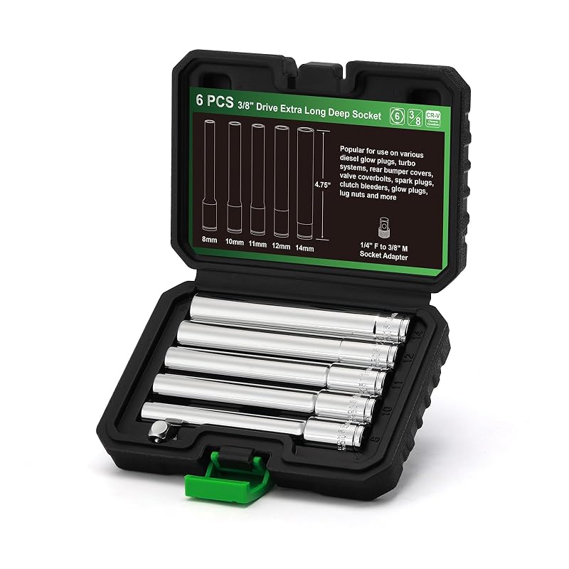 TecoTek Jogo de Soquetes Métricos Extra Longos com Encaixe de 9,5 mm, 6 Pontos, 8 a 14 mm, Adaptador de 6,35 mm F para 9,5 mm M, 6 peças