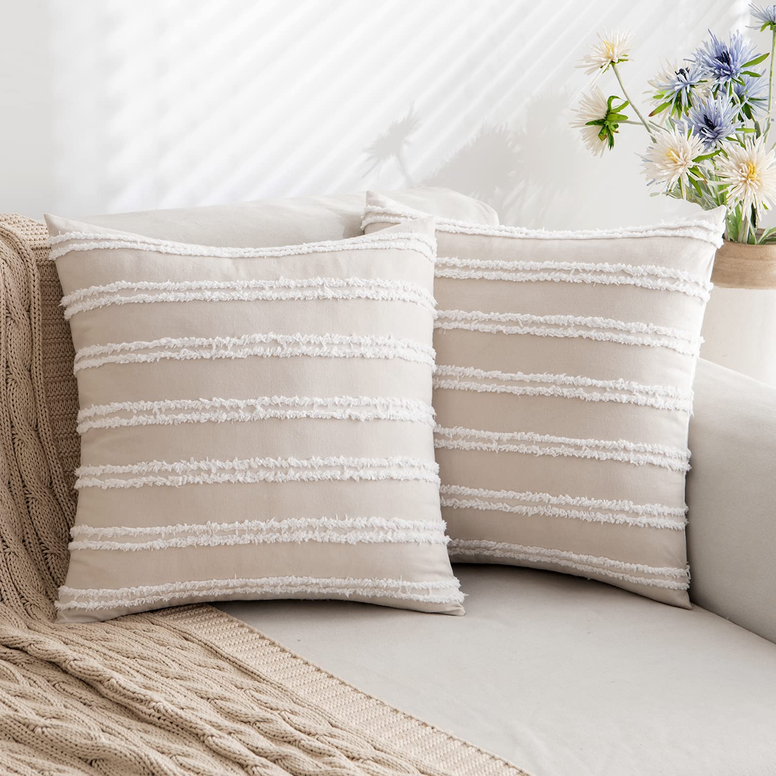 MIULEE Boho Decorative Throw Pillow Covers 18x18 Inch Beige