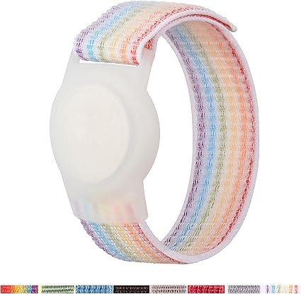 AirTag Bracelet for Kids, Apple Air Tag Protective Cover with Nylon Wristband, Anti Lost GPS Trackers Case Cover Elastic Watch Band for Toddlers Girls Boys Elders (Light Rainbow)