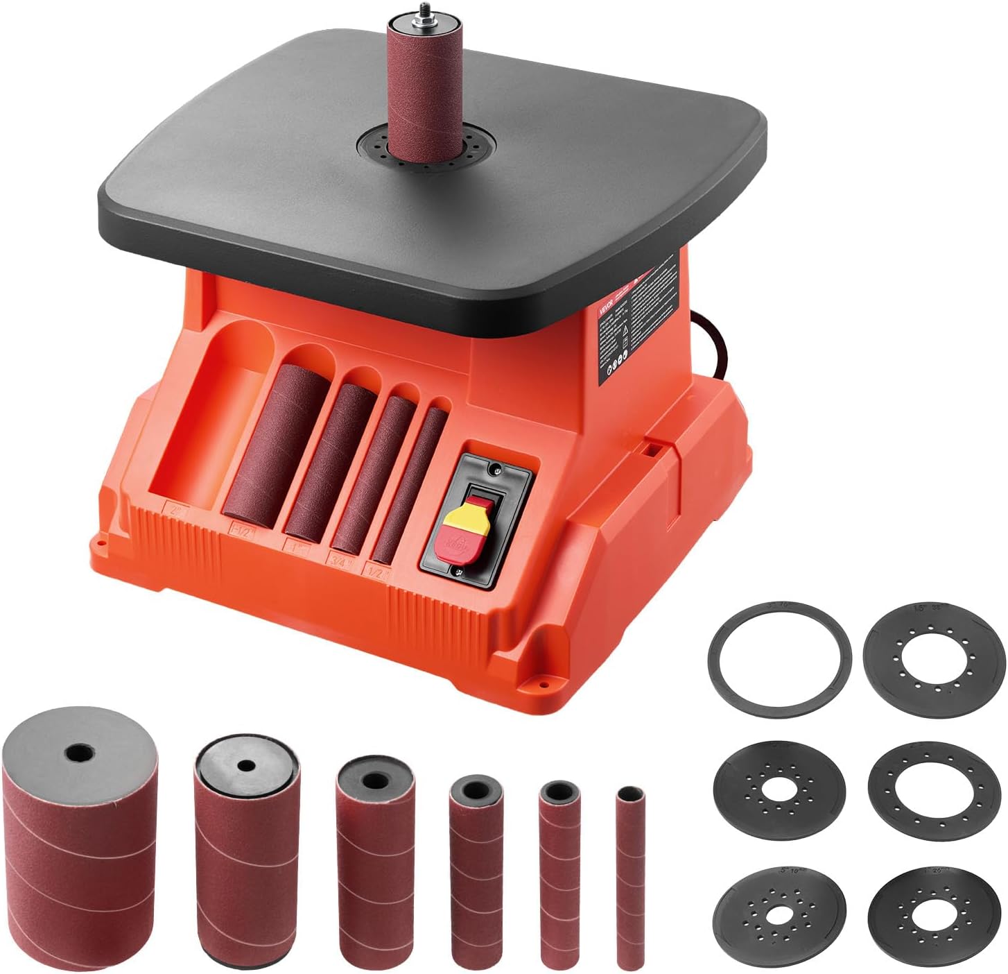 VEVOR Oscillating Spindle Sander, 2400RPM Benchtop Spindle Sander with 6 Sleeves (1/2"-3"), 5/8" Stroke & 15.4 x 16.3-inch Wide Worktable for Furniture Finishing, Crafts Sanding, DIY Woodworking