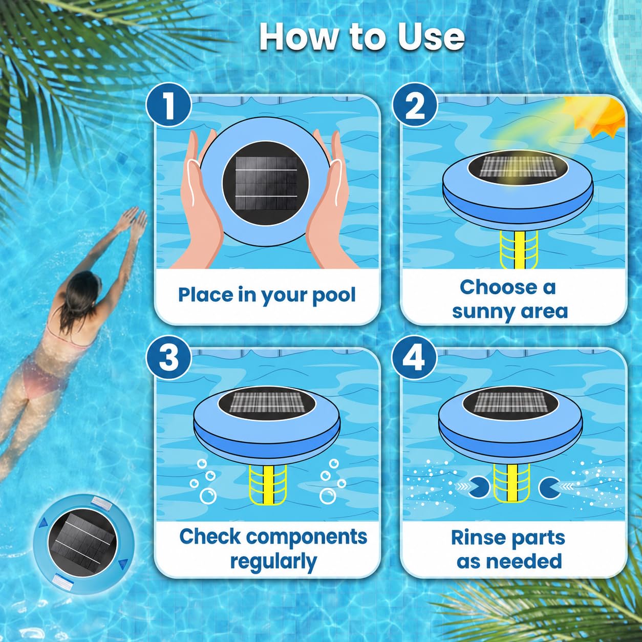 Appareil solaire d'entretien de l'eau de piscine pour piscines hors sol et