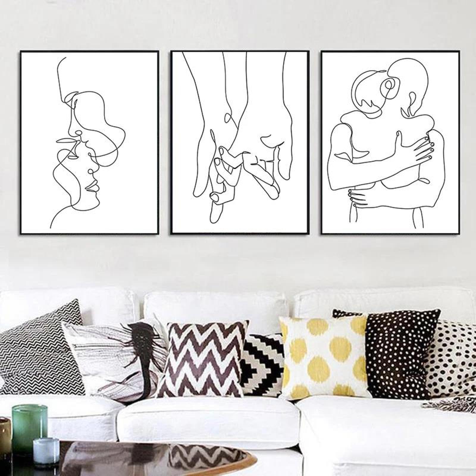 Baibexing Nordic Line Drawing Couple Hand Love Kiss Wall Art Canvas Painting Posters And Prints Minimalist Pictures For Living Room Home Decor 40X60Cmx3Pcs Unframed