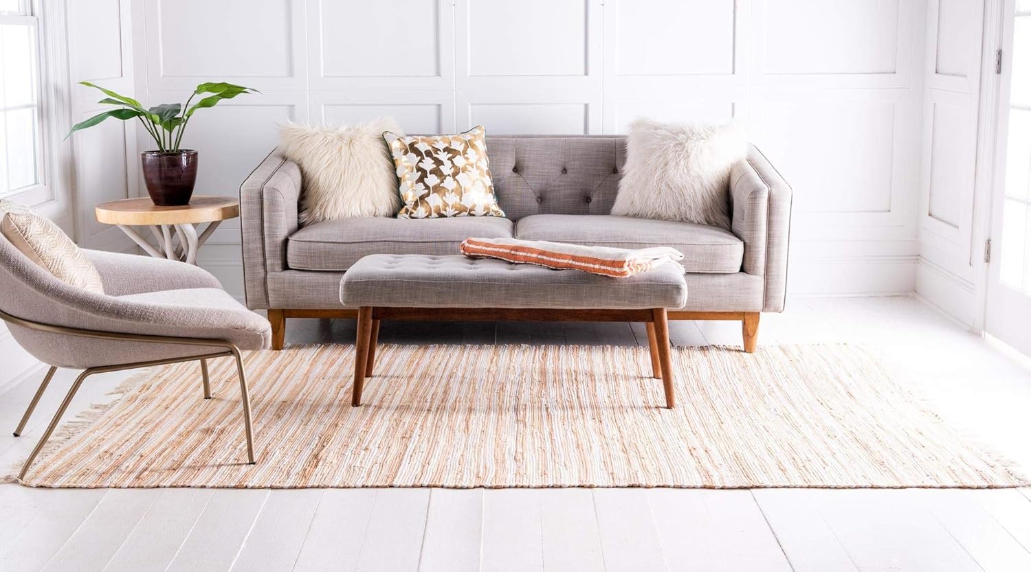 Rugs.com Chindi Cotton Collection Rug – 4' x 6' Beige Flatweave Rug Perfect for Living Rooms, Large Dining Rooms, Open Floorplans
