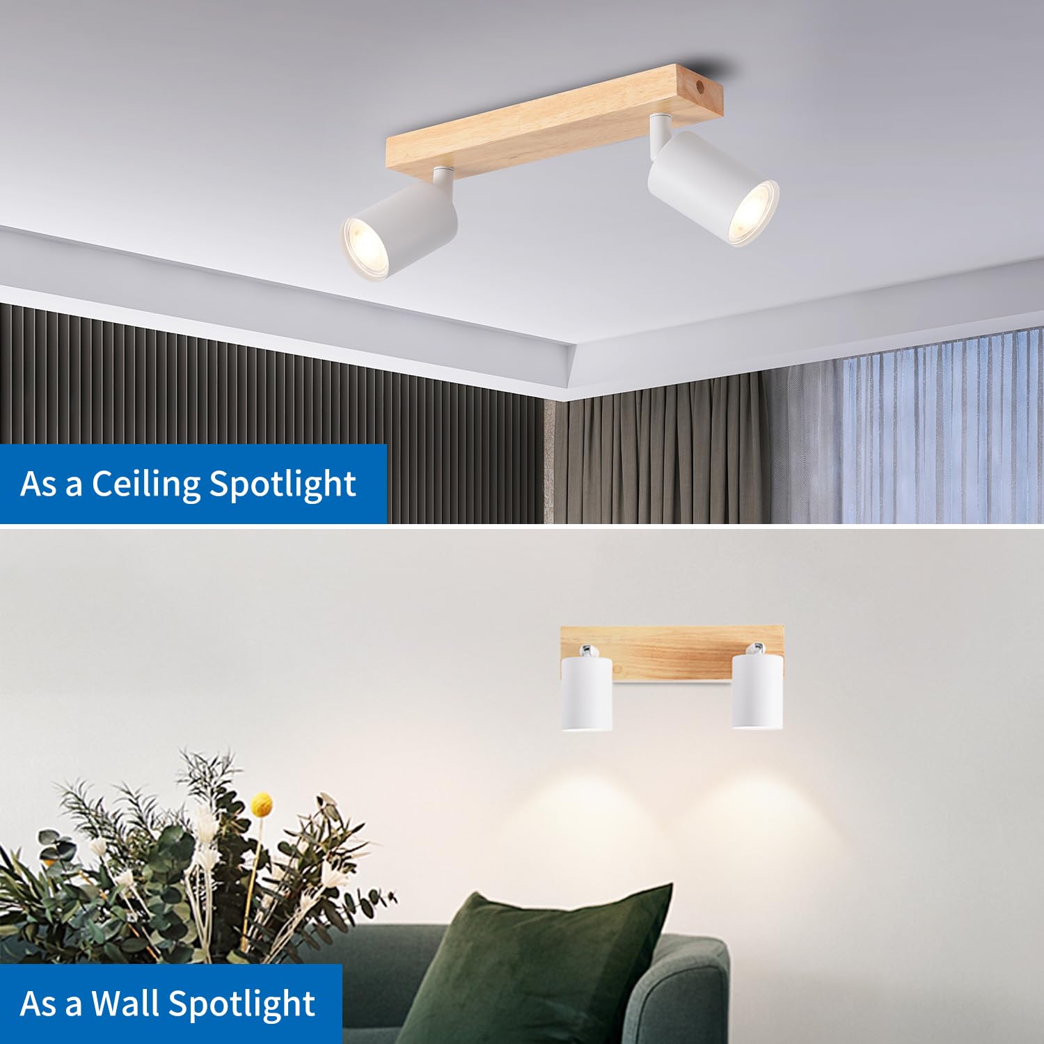 ANWIO Plafonnier Spots, 2 Spots de Plafond Led Intérieurs Base GU10, Spots de Plafond Blancs avec Base Rectangulaire, Spots de Plafond LED Rotatifs (Sans Ampoules).