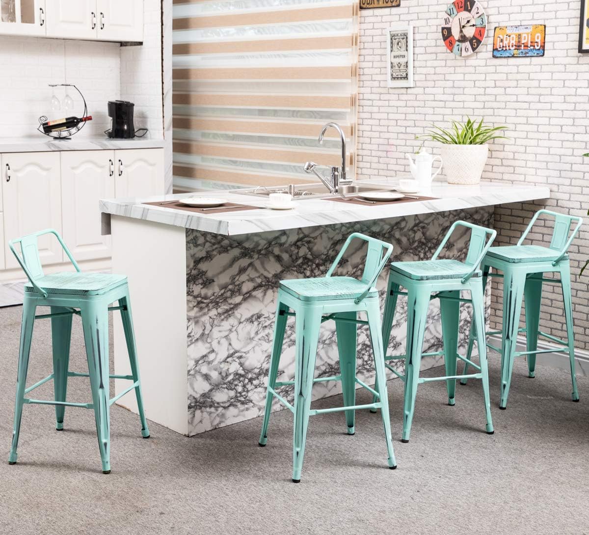 Yongchuang Metal Bar Stools with Back 30" Seat Height Counter Height Barstools Set of 4 (Wooden Top Low Back, Distressed Mint) : Home & Kitchen