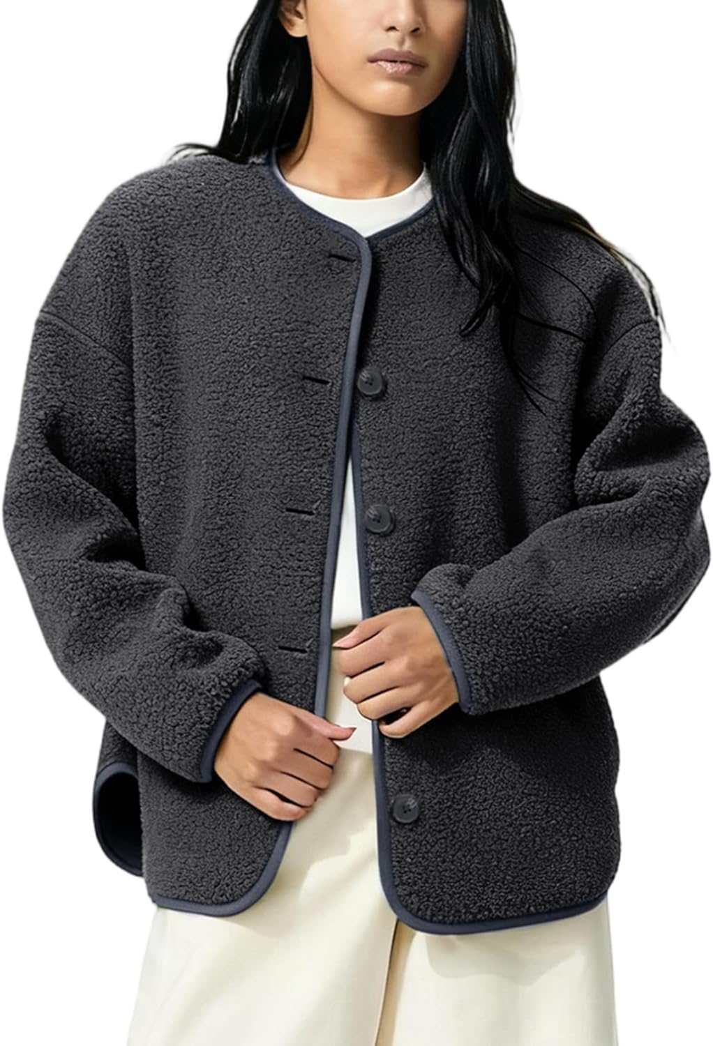 Womens Sherpa Fleece Jacket Button Down Crew Neck Coats Fuzzy Warm Oversized Fall Winter Outwear with Side Pockets
