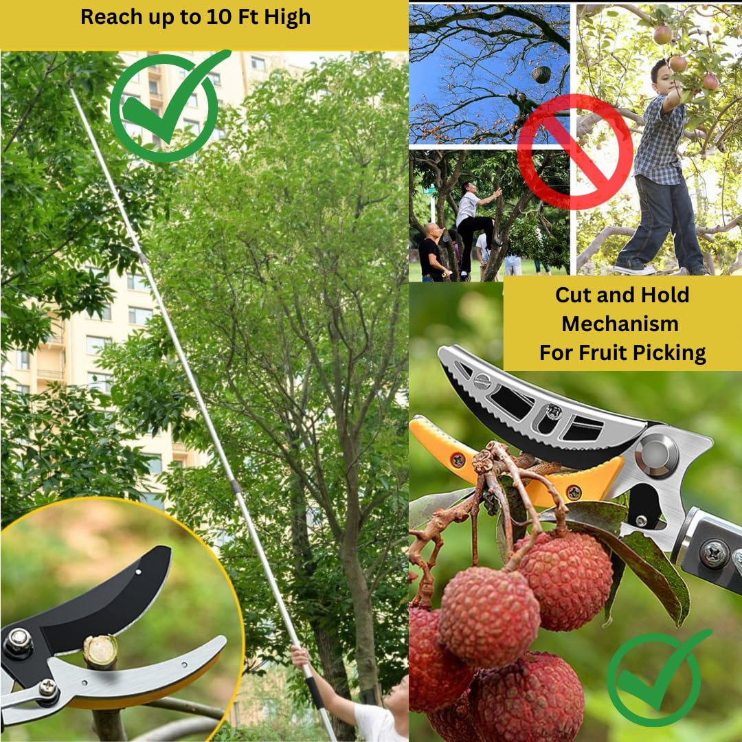 Tydeey 4.6-10 Ft Long Reach Tree Pruner, Cut and Hold Pruners, Fruit Tree Trimmer, Extendable Hold Bypass Pruner Clippers with Extendable Telescopic Handle (4.6-10 Ft)