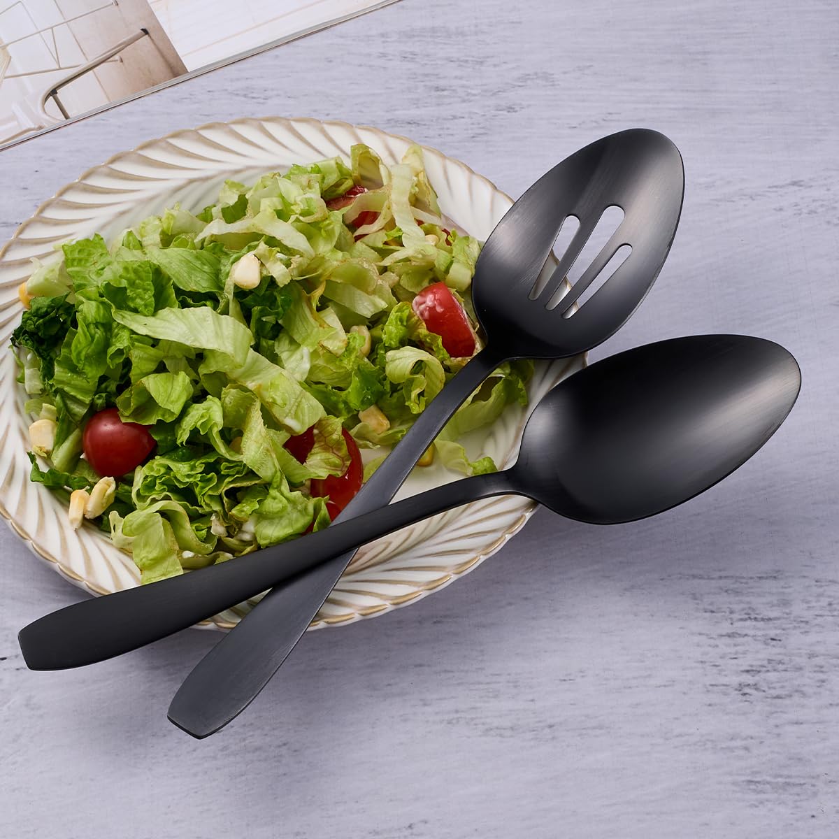 Seeshine 6-teiliges Servierbesteck Set aus Edelstahl Matt Schwarz, 27cm Große Servierlöffel und Geschlitzte Löffel Set, Kochen Buffet Zubehör, Spülmaschinenfest, für Salat, Pasta & Vorspeisen Küche, Haushalt & Wohnen