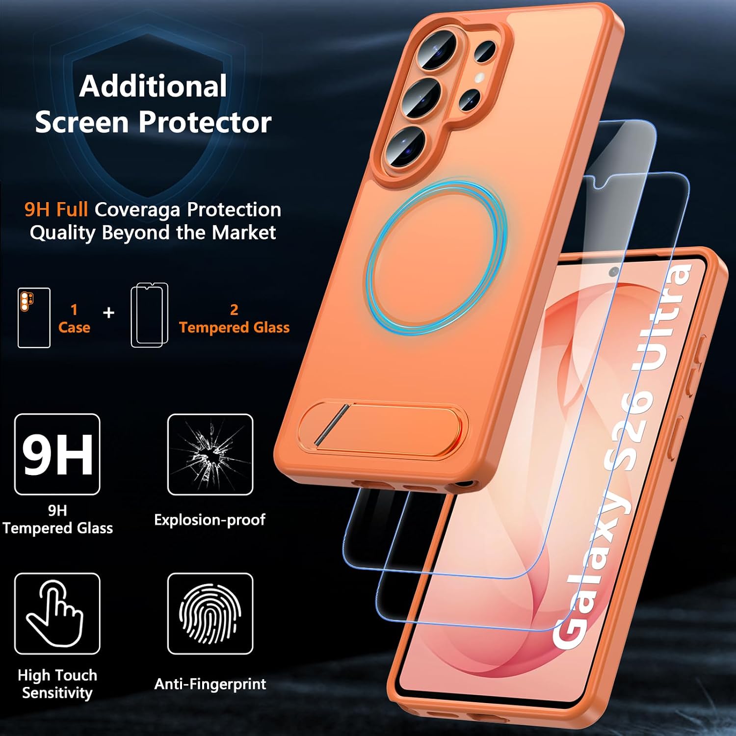 OWKEY for Samsung Galaxy S26 Ultra Case 6.9" with Invisible Kickstand Compatible with MagSafe [2×Tempered Glass ],Magnetic Shockproof Translucent Cover Phone Case for Samsung Galaxy S26 Ultra,Orange