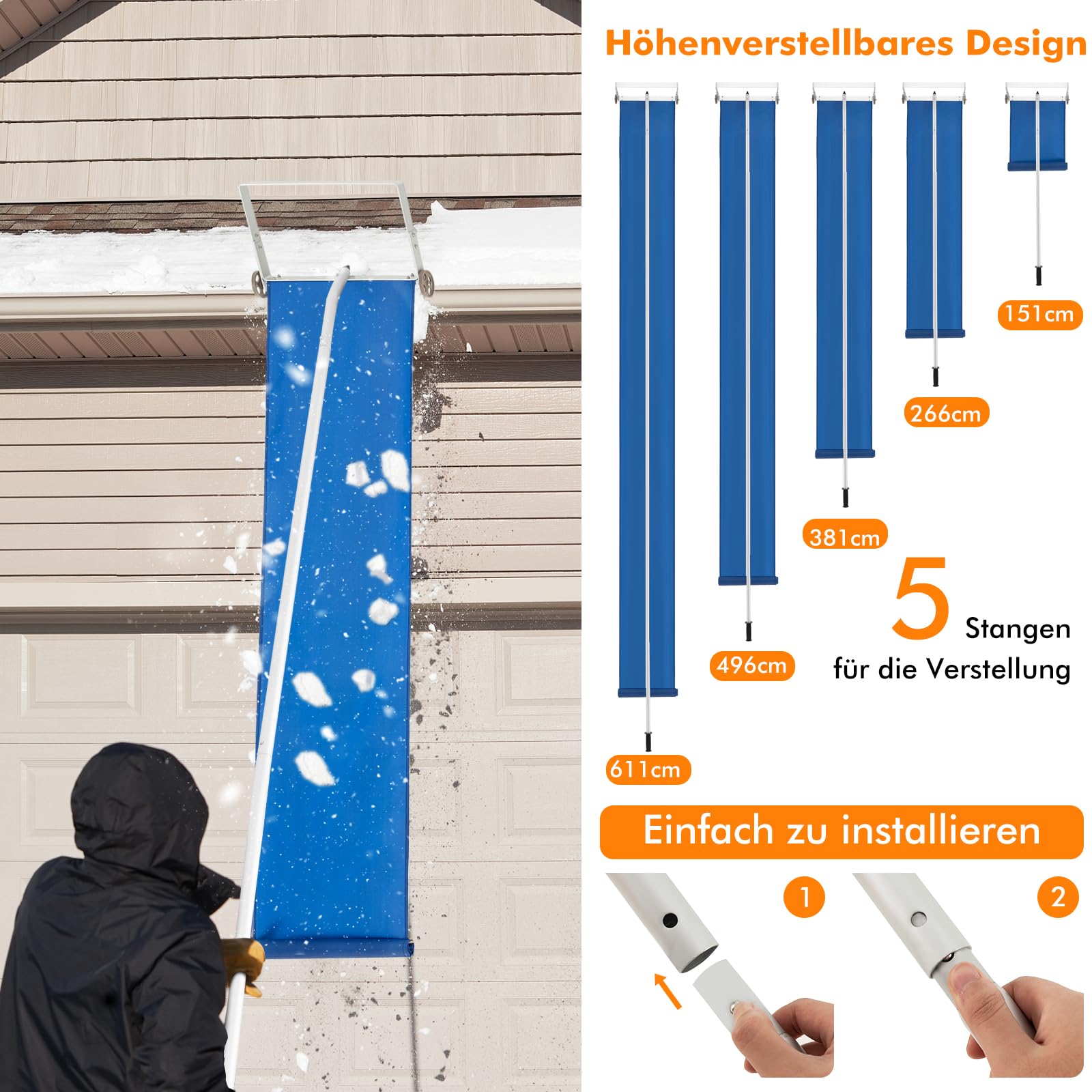 COSTWAY Schneeräumer mit Rollen für Dach, Dachschneeräumer mit Teleskopstiel, rutschfestem Griff, Dachräumer, Schneeschaufel, Schneeschieber aus Aluminium, Einstellbereich 151-611 cm