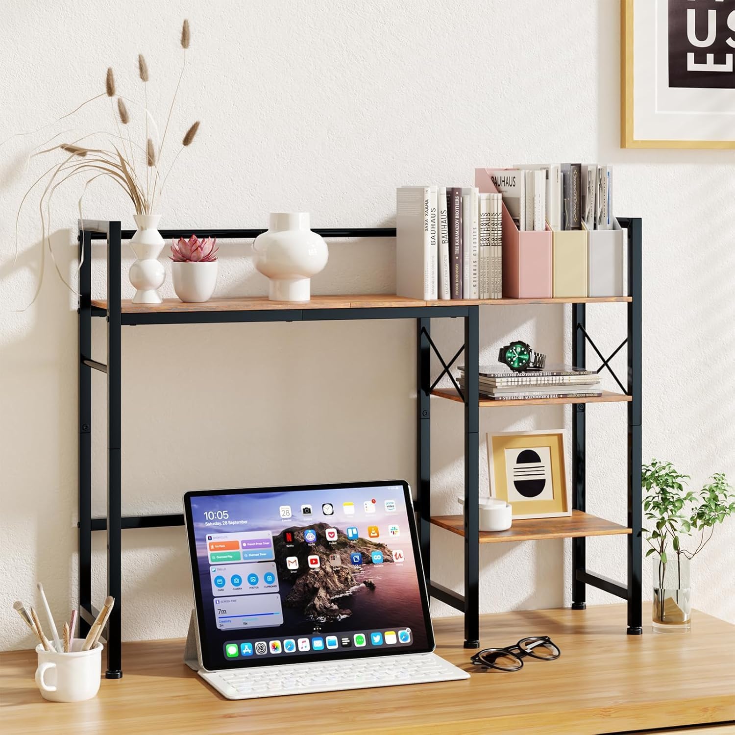 Gannyfer Desk Shelf - 38.5" Freestanding Desk Organizer, Desk Hutch for Computer Monitor, Wood Desktop Bookshelf Storage Rack, Large 3 Tier Desktop Bookshelf for Home Office Decor, Brown