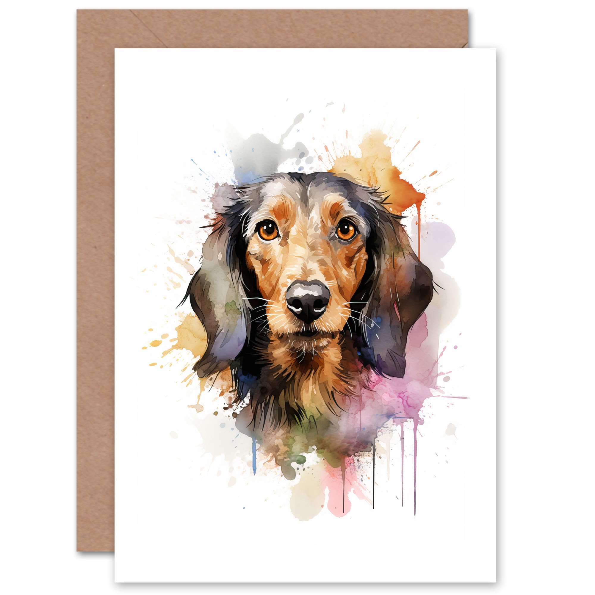 Artery8 Wirehaired Dachshund Lovers Gift Watercolour Pet Portrait Painting Artwork Sealed Greeting Card Plus Envelope Blank inside