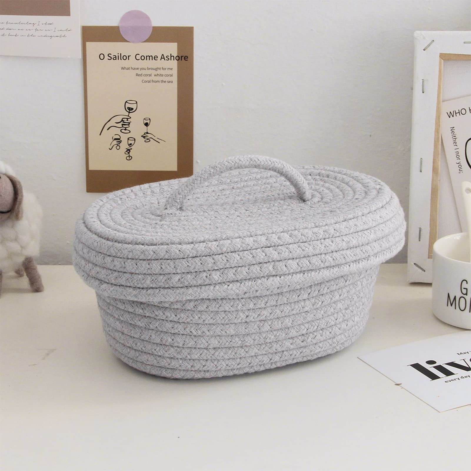 Scatola Portaoggetti da Scrivania con Coperchio, Contenitore Ovale Fatto a Mano in Corda di Cotone con Coperchio in Tessuto Intrecciato, Cesto Portaoggetti Multifunzionale (Grigio)